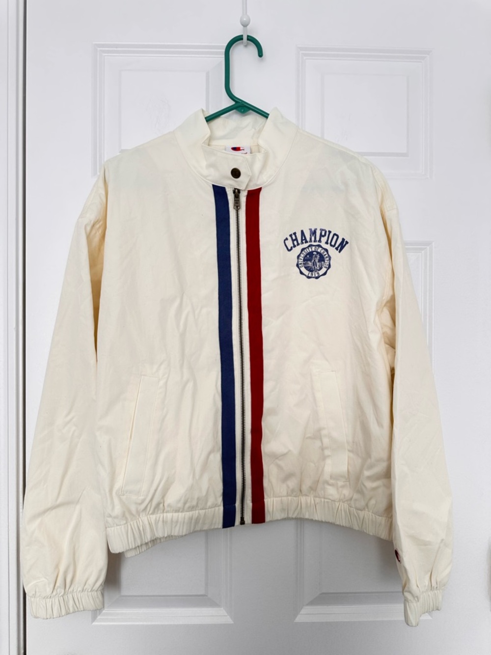 Champion Cream Track Jacket with Red & Navy Center Stripes